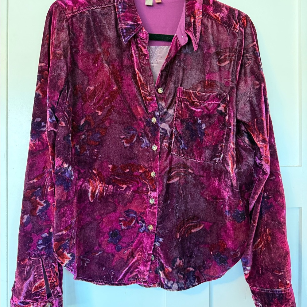 Pilcro Velvet Floral Button Down Shirt - Pink and Purple